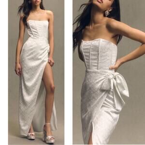 V. CHAPMAN June Strapless Corset Jacquard Floral Faux Wrap White Maxi Dress Sz 6